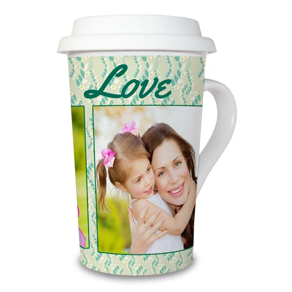 Create your own latte mug with lid using pictures and custom text