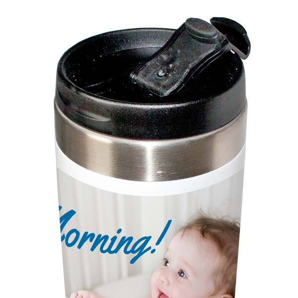 Travel tumbler features a snap close lid to protect from spills