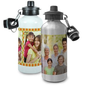Photo personalized water bottles are available in two finishes, white and metallic