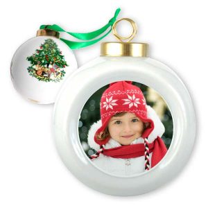 Add your photo to a classic style ball photo ornament with Christmas tree holiday artwork on the back