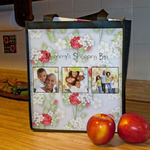 Choose from many designer patterns and add your own photos to create your own custom grocery bag.
