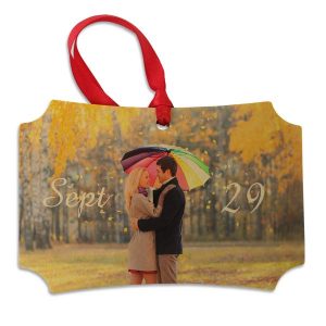 Save the date with a unique wooden photo ornament, great as a wine bottle trinket