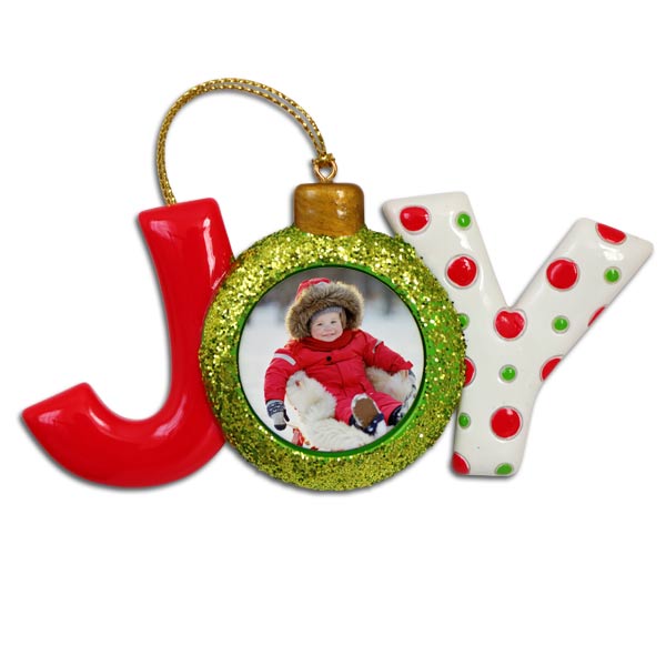 Create a beautiful holiday photo ornament featuring the text JOY