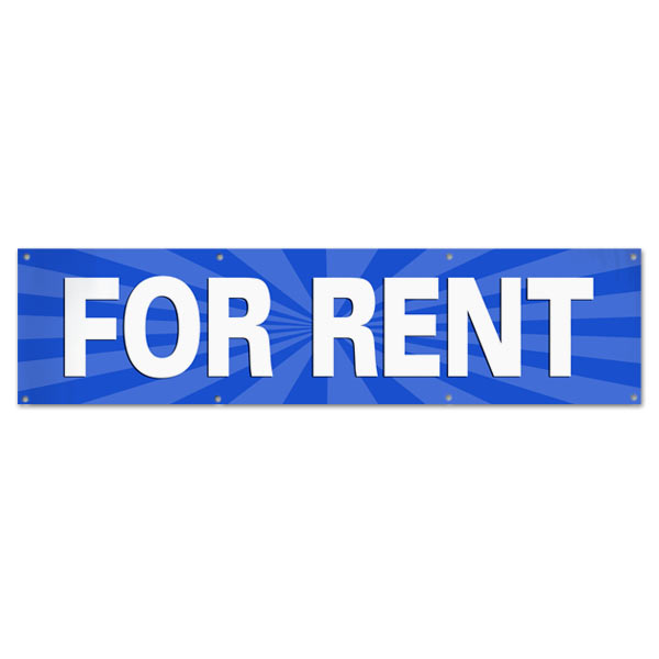 Lease your space and announce it to all with an easy to read banner blue For Rent Banner size 8x2