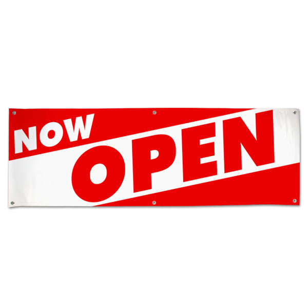 Red and White bold letters to get your message seen for your new Open Business with this Now Open Angle Banner 6x2