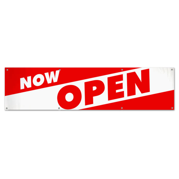 Red and White bold letters to get your message seen for your new Open Business with this Now Open Angle Banner 8x2