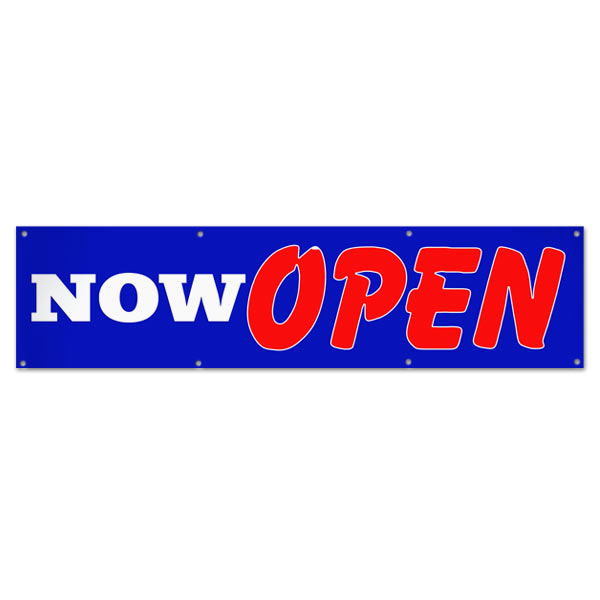 Let the word out and get customers in your door with a bright bold Now Open Sales Banner size 8x2