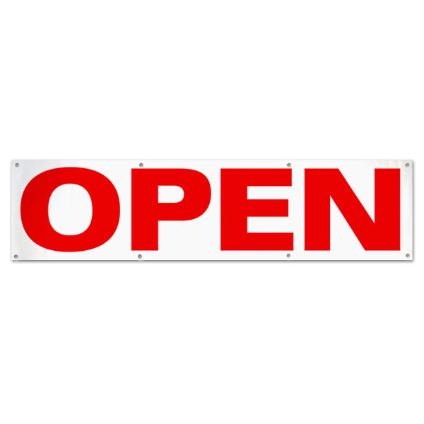 Let the public know you are open for business with this red text Open Banner size 8x2