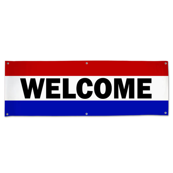 Hang a welcome banner in your small business or store using this classic patriotic Welcome Banner size 6x2