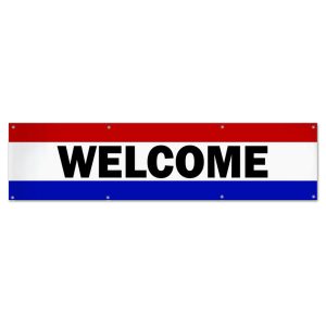 Hang a welcome banner in your small business or store using this classic patriotic Welcome Banner size 8x2