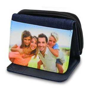 Denim wallet with personalized photo added to the front