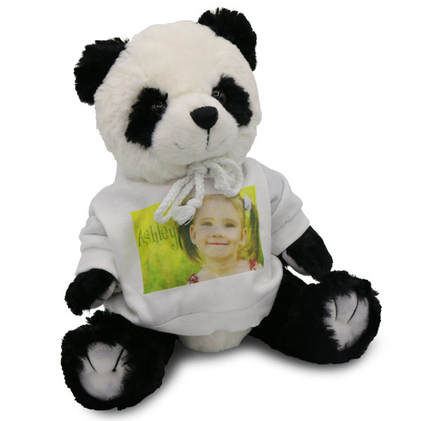 Stuffed panda bear with photo personalized white sweatshirt