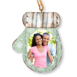 Rustic metal and wood mitten ornaments look great on with your own photo added