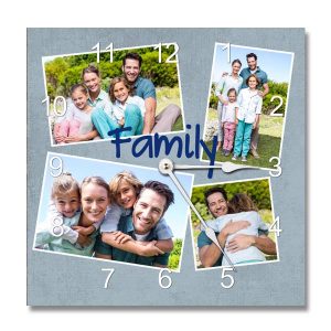 Personalized photo collage and designer wall clock with black or white hands and your own photos