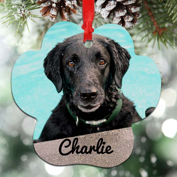 Add your pets photo and name to a cute aluminum paw print ornament for your tree