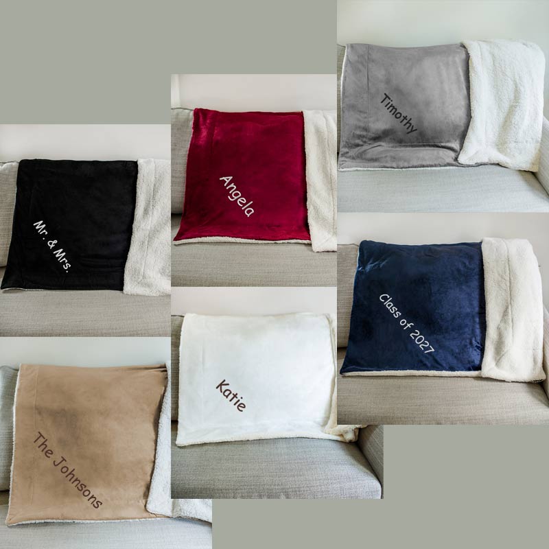 Available in many colors, create a custom embroidered sherpa throw blanket for your home