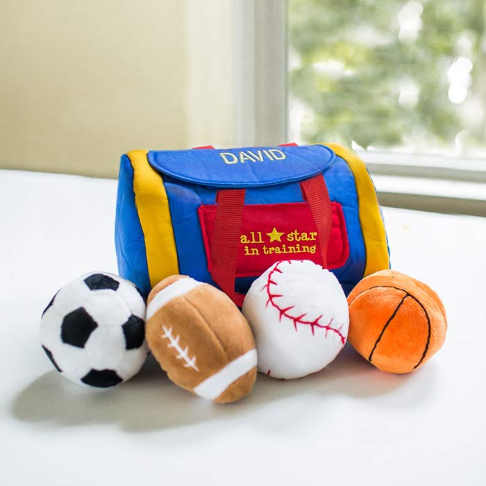 Add your all stars name with custom embroidered text on plush sports set toys