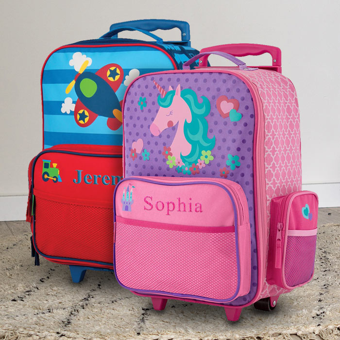 Personalized embroidered rolling luggage for kids with fun kid designs