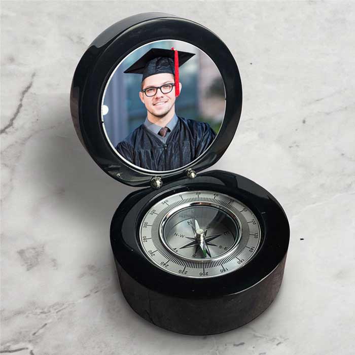 Black piano finish compass with silver accents, personalized with a photo